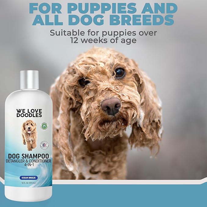 Dog Shampoo, Conditioner & Detangler - Best Shampoo for Goldendoodles, Poodles & Doodles - for Matted Pet Hair - Sensitive Skin Shampoo for Puppies - Made in The USA, 16OZ (Ocean Breeze)