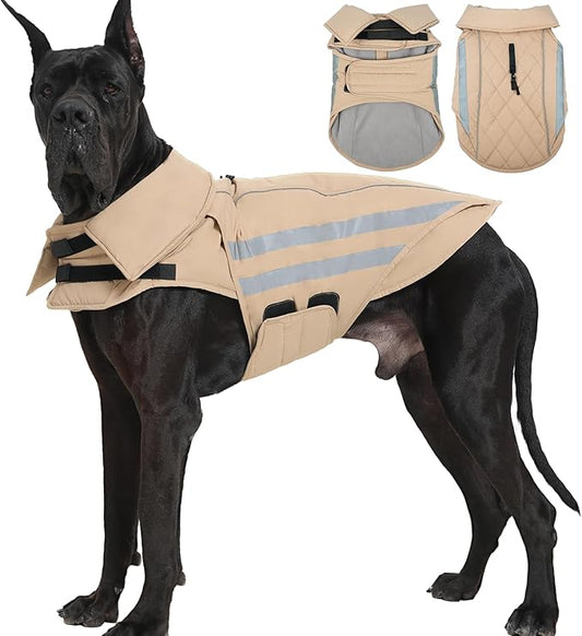 Dog Winter Coat Waterproof Dog Jacket with Harness Hole Reflective Windproof Fleece Snowsuit Turtleneck Hook & Loop Cold Weather Coats for Large Dogs Great Dane Doberman, Khaki 4XL
