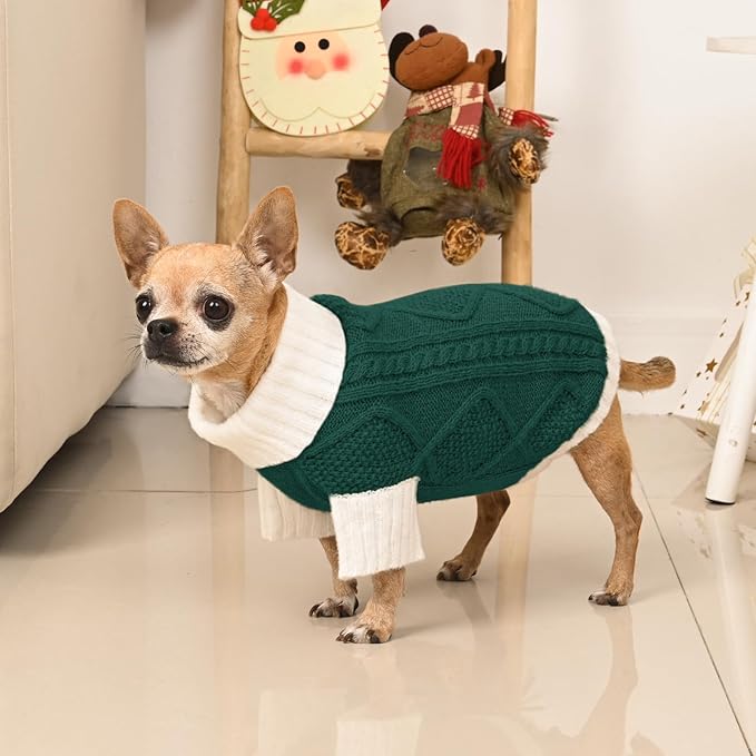Dog Sweater for Small Dogs Argyle Cable Knit Turtleneck Pullover Winter Clothes Boys Girls Stretch Puppy Doggie Chihuahua Yorkie Pomeranian Toy Poodle Pet (S, Green)