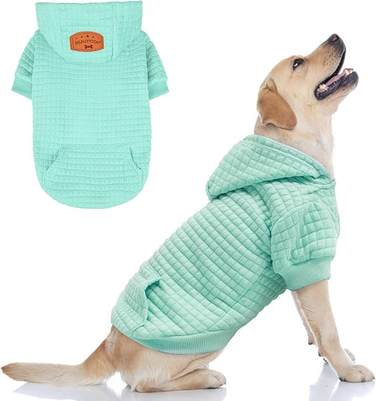 BEAUTYZOO Small Dog Hoodie Sweater with Pockets, Dog Clothes for Small Medium Dogs Boy Girl, Waffle-Like Laminated Cotton Pet Coats with Hat and Leash Hole, Mint Green ML