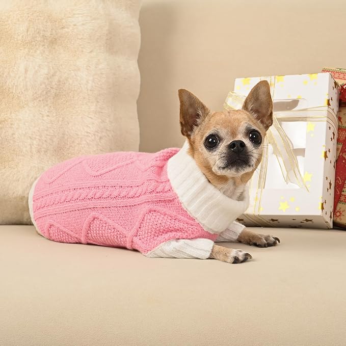 Dog Sweater for Small Dogs Argyle Cable Knit Turtleneck Pullover Winter Clothes Boys Girls Stretch Puppy Doggie Chihuahua Yorkie Pomeranian Toy Poodle Pet (S, Pink)