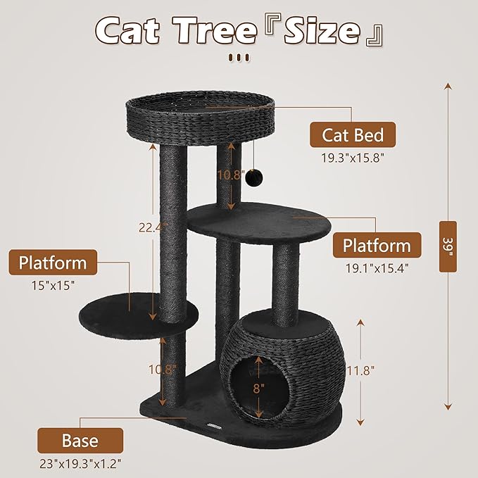 KAMABOKO Modern Cat Tree, 39" Tall Cat Trees for Indoor Cats, Cat Condo Natural Sisal with Scratching Posts, Hand-Woven Tower & Top Perch, Cat-Tree for Kittens Climb Play & Rest Black