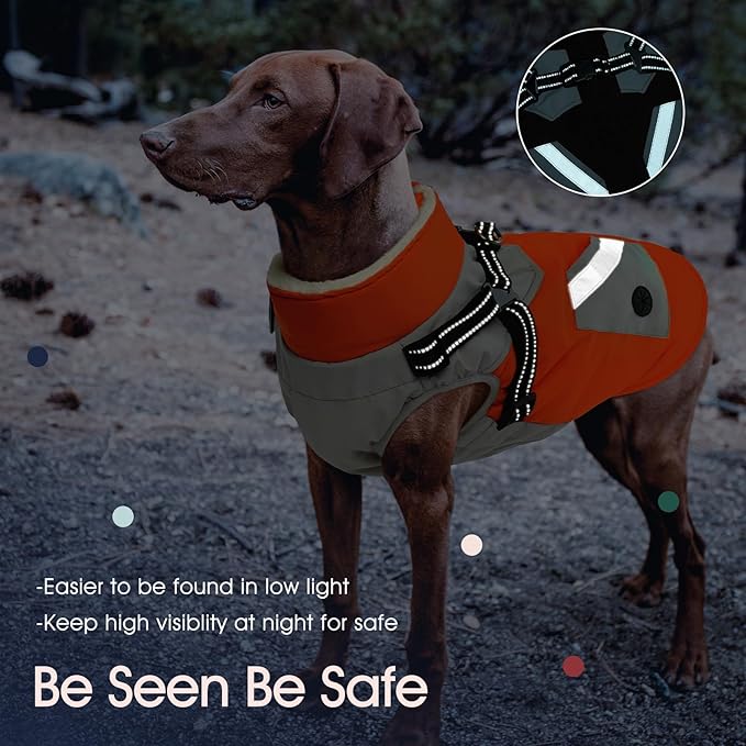 IECOii Dog Coat with Harness Built in - Orange, Large - Waterproof Winter Coat, Fleece Lined Snow Jacket for Dogs