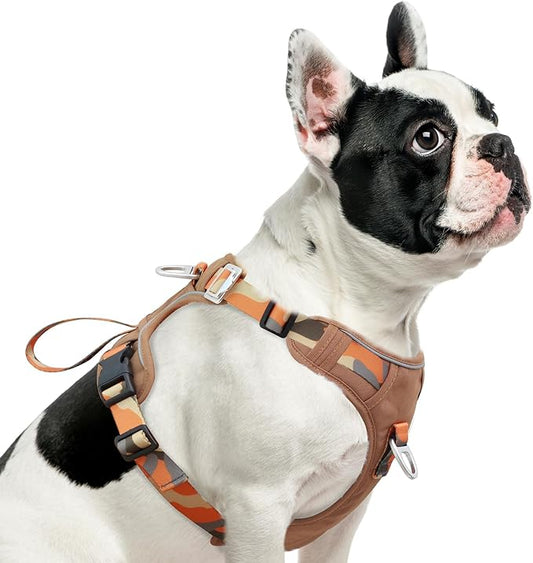 Dog Harness No-Pull with Front & Back D-Rings, Water-Repellent 600D Oxford for Hiking/Training/Walks, Reflective Adjustable Vest, Lightweight Aluminum Hardware Fit for Medium Sized Dogs,Camo Orange, M