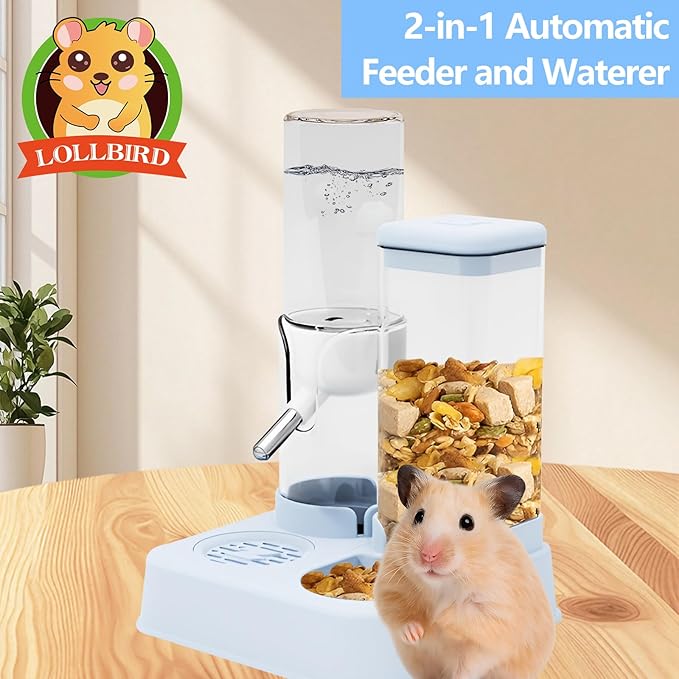 2-in-1 Hamster Water Bottle & Enhanced Food Dispenser - 35% Larger Food Capacity, Leak-Proof Design for Glass Tanks/Wire Cages Small Animal Accessories (Blue, 4.9IN+5.1IN+5.7 in)