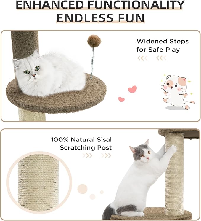 Made4Pets Floor to Ceiling Cat Tree 93-106'',Tall Cat Tower 5 Tiers, Adjustable Height, Stable Cat Tree Tower with Scratching Posts, Fluffy Condo, Hammock and Ball Toy for Indoor Cats/Kitten, Brown