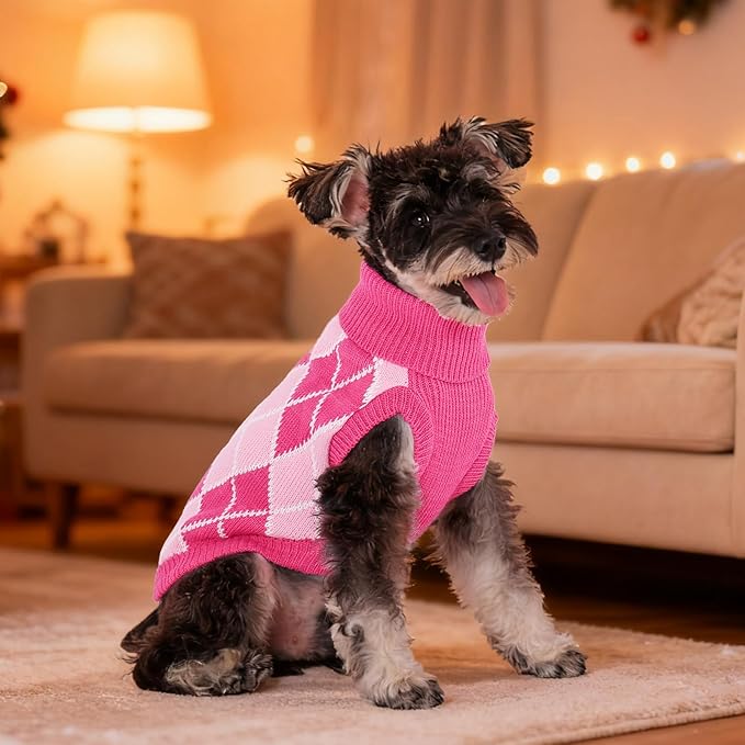 KOOLTAIL Small Dog Sweater, Knit Turtleneck Cold Weather Dog Sweaters for Medium Large Dogs, Soft Diamond Plaid Pullover Knitwear Pet Winter Warm Clothes,Pet Coat Puppy Sweater for Girls Boys,Pink S