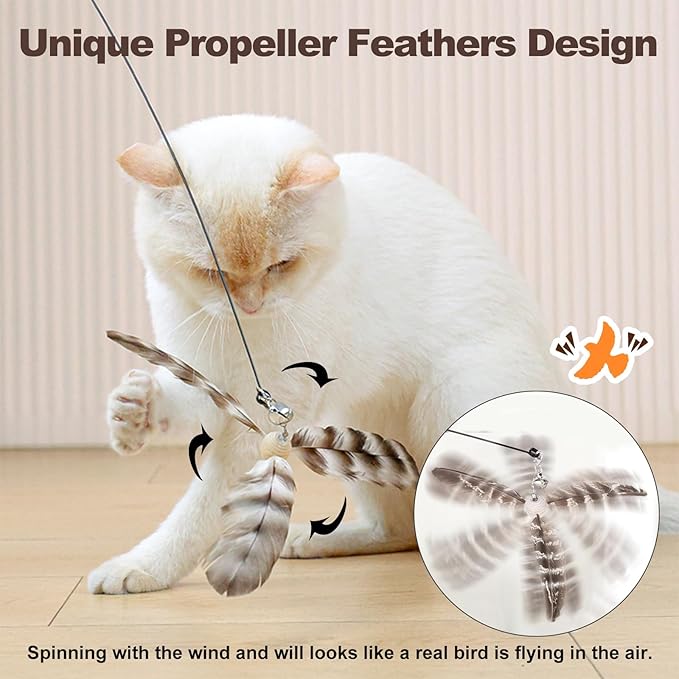 Kingtree Cat Teaser Wand Toys, Interactive Feather Cat Wand Toy with 5 Bell Feather Refills & 2Pcs 35'' Flexible Steel Wire Wood Handle Wands, Cat Feather Toys for Indoor Cats to Play Chase Exercise