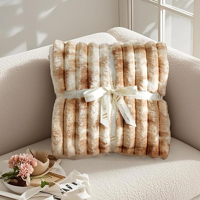 Amélie Home Faux Fur Throw Blanket for Couch, Cozy Fuzzy Fluffy Fur Luxurious Soft Striped Plush Gift Blankets for Family Sofa Chair Bedroom, 55"x70", Tie-dye Khaki