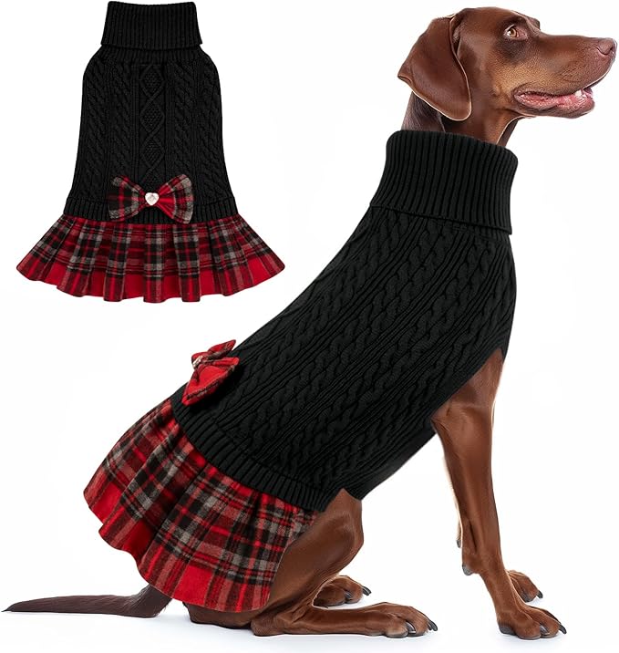 KYEESE Dog Sweater Soft Pullover Dogs Clothes with Bowtie Thick Knitwear Pet Sweater Dress Stretchy Pet Coats Comfy Dog Sweaters for Medium Dogs Boy, Black, XX-Large