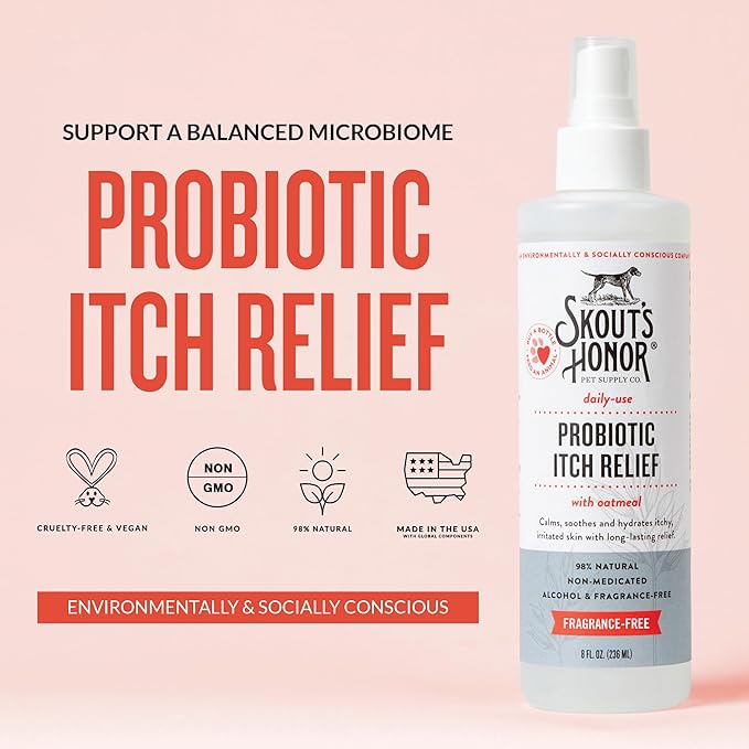 SKOUT'S HONOR Probiotic Itch Relief Spray for Pets - Non-Medicated, Fragrance-Free, Natural, Vegan, Long-Lasting Relief, with Soothing Aloe & Avocado Oil, 8 oz, 2-Pack