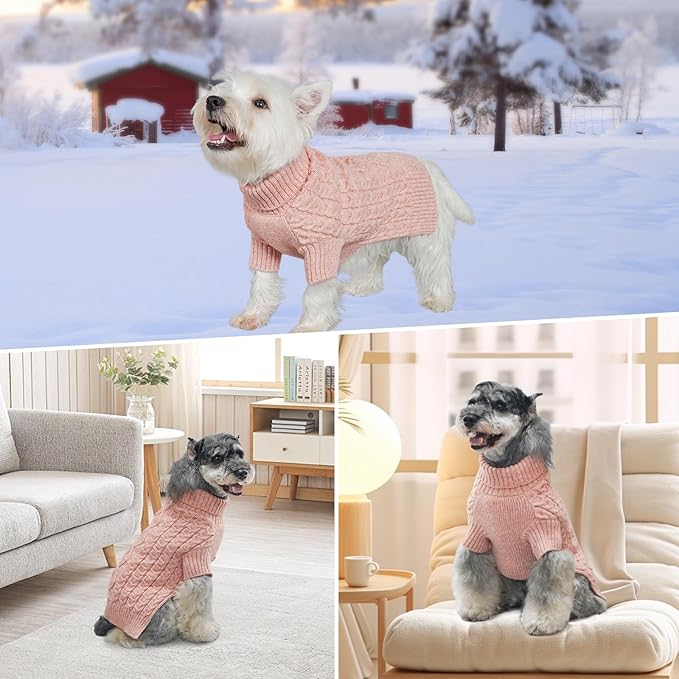 KYEESE Dog Sweater with Long Sleeve Classic Cable Knit Dogs Clothes Soft Pets Sweater, Turtleneck Dogs Coats Small Dog Sweater for Cold Weather, Pink, X-Small
