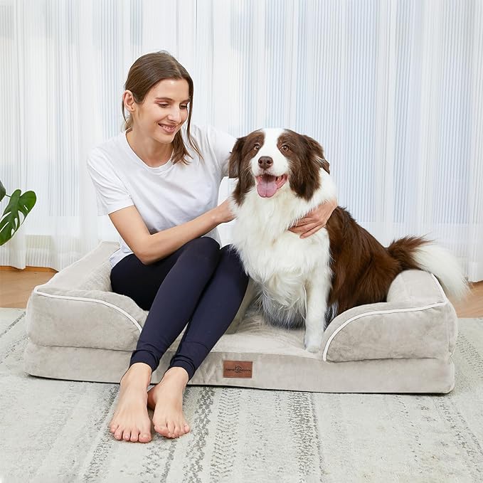 Comfort Expression Orthopedic Dog Bed for Large Dogs 38x25 Inch, Waterproof Supportive Egg Crate Foam Large Pet Bed with Removable Bolsters, Dog Couch with Washable Cover & Non-Slip Bottom, Beige
