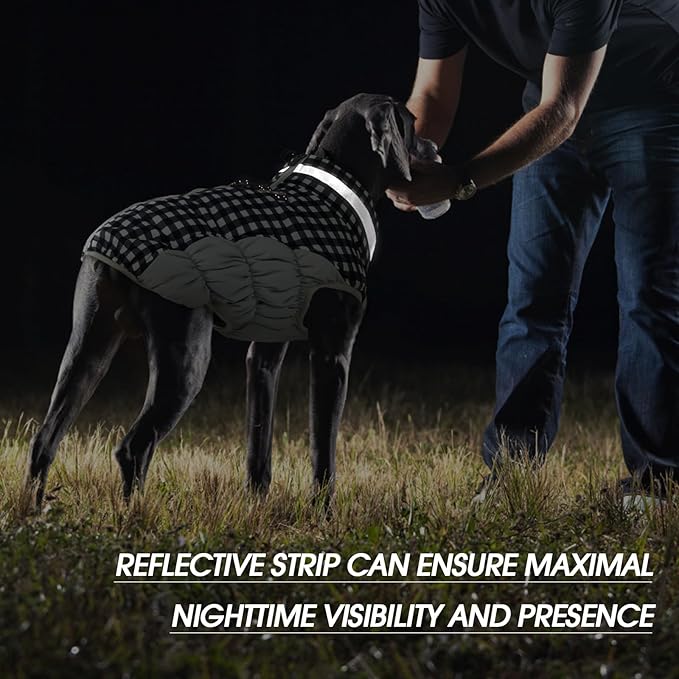 FUAMEY Dog Coat for Large Dogs,Waterproof Dog Winter Jacket with Harness Built in Puppy Cold Weather Coats Reflective Pet Vest with Zipper Warm Fleece Dogs Snowsuit Windproof Checkerboard 3XL