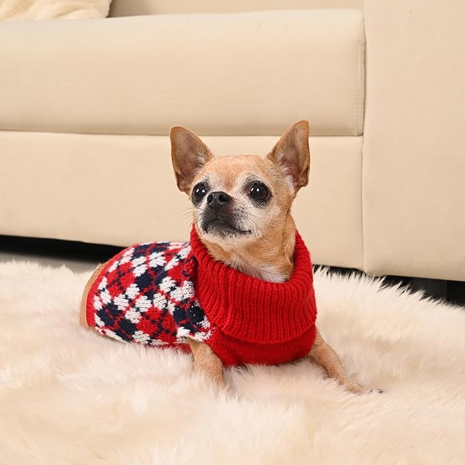 Dog Sweater for Small Dogs Plaid Checkered Knit Turtleneck Pullover Winter Clothes Boys Girls Stretch Puppy Doggie Chihuahua Yorkie Toy Poodle Pomeranian Christmas Pet S