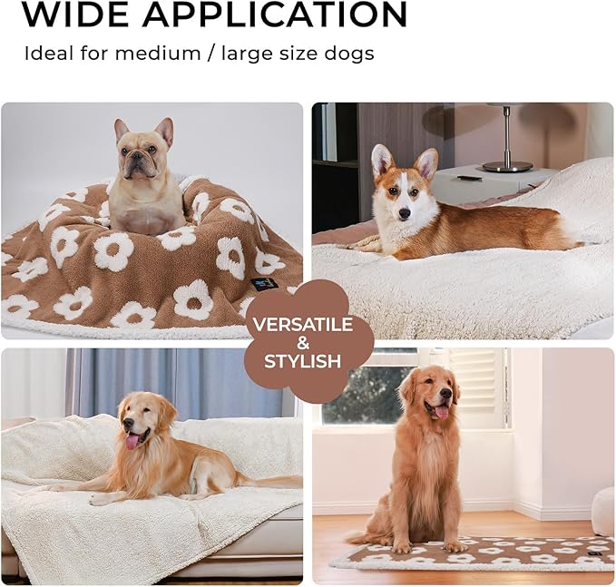 Luciphia Waterproof Pet Blanket for Medium Large Dogs Fluffy Thick Fleece Washable Warm Sherpa Calming Flower Print for Cats Puppy (Khaki,67x57 inches)