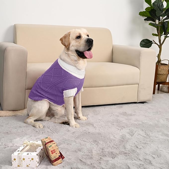 Dog Sweater for Large Dogs Argyle Cable Knit Turtleneck Pullover Winter Clothes Boys Girls Stretch Golden Retriever Labrador Bulldog Pitbull Doberman Pet (XXL, Purple)