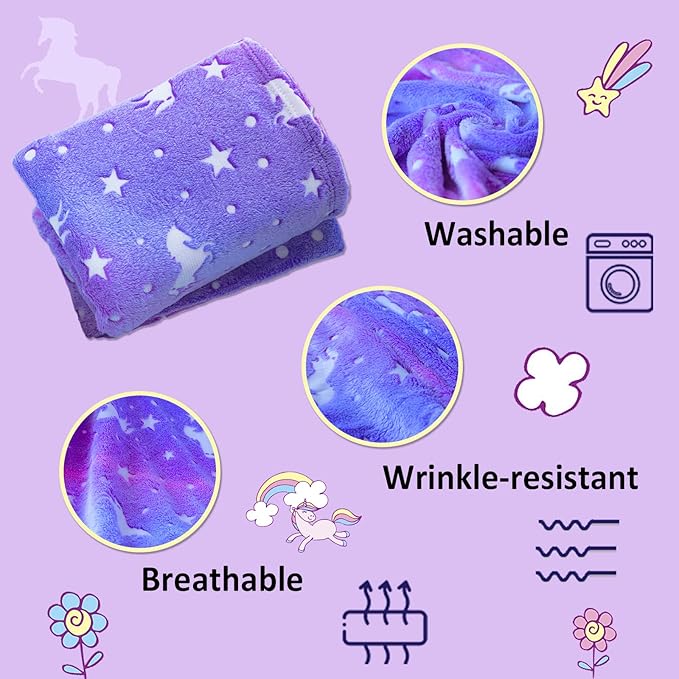 Halloween Unicorn Throw Blanket Glow in The Dark Soft Throw Blanket for Girls Boys with Storage Bag, Gifts for Christmas Birthday Valentines, Kids Blanket, Day Care Home Travel Use, 50"x60" Purple