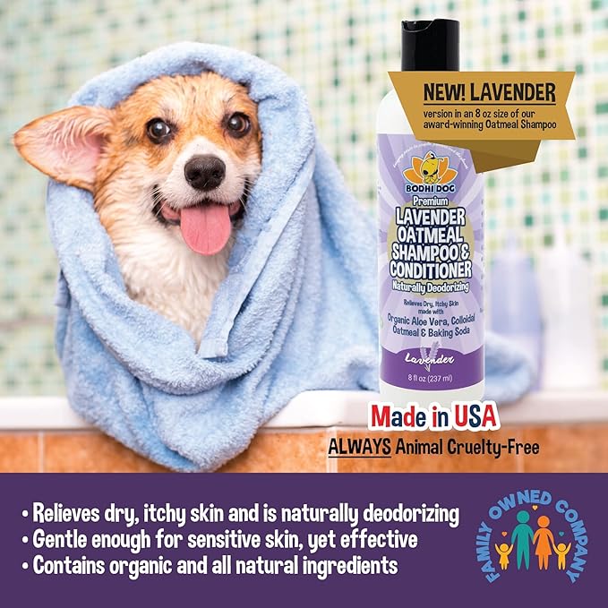 Bodhi Dog Premium Lavender Oatmeal Shampoo & Conditioner - Organic Formula for Dogs, Cats & Pets - Hypoallergenic, Soothes Dry, Itchy Skin & Supports Skin Health - Made in USA (8 Fl Oz)