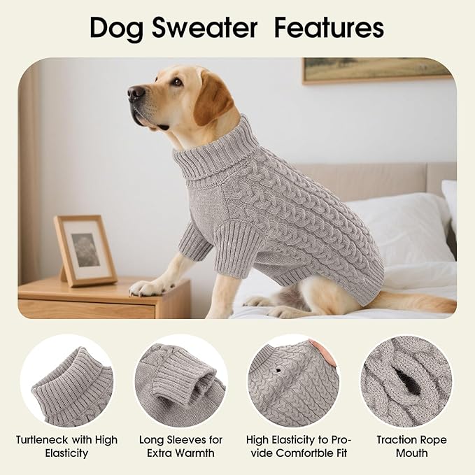 SAWMONG Dog Sweater, Dog Sweaters for Large Dogs Girls Boys, Pullover Turtleneck Knitted Doggy Sweatshirt, Cold Weather Pet Clothes（Grey, Large