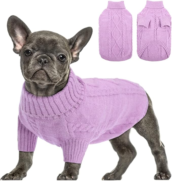 Queenmore Small Dog Pullover Sweater, Cold Weather Cable Knitwear, Classic Turtleneck Thick Warm Clothes for Chihuahua, Bulldog, Dachshund, Pug (Lilac, Large)