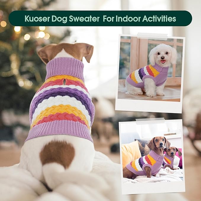 Kuoser Dog Sweater, XS Dog Sweater Pet Cable Knitted Pullover Warm Clothes, Puppy Turtleneck Classic Knitwear Soft Thickening Christmas Outfit, Cold Weather Thermal Wear for Small Dogs, Purple XS