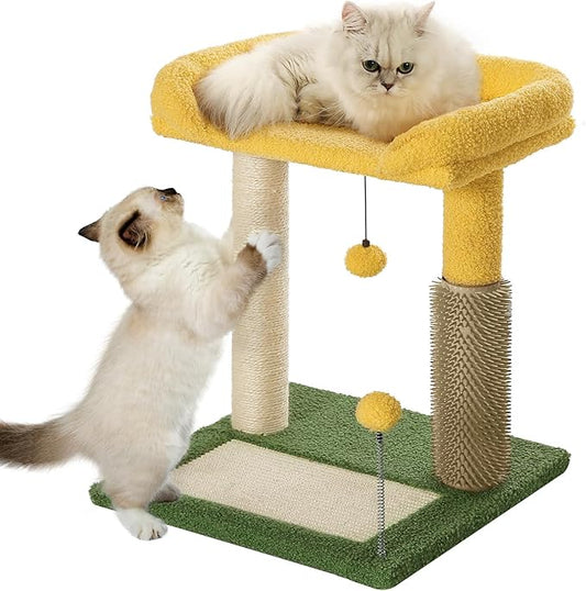 Made4Pets Small Cat Tree Tower, Cat Scratching Post 4-in-1 with Cat Self Groomer Brush, 20" Tall Natural Sisal Cat Scratcher, Soft Plush Cat Perch Bed with Dangling Ball for Indoor Kittens, Green