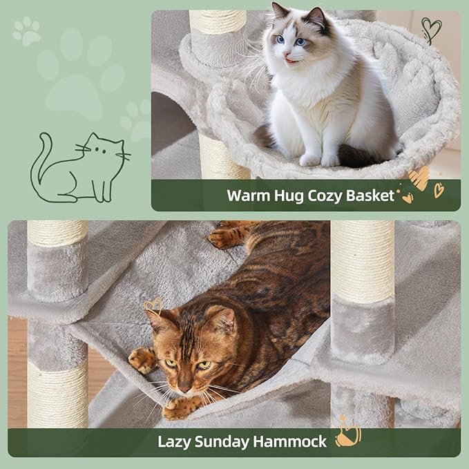 Taoqimiao 71 Inches Cat Tree for Large Cats 20lbs+, 3 Giant Perches, Multi-Level Cat Tree Tower, Widened Cat Condo with 9 Scratching Posts, Luxurious Hammcock & Basket, Light Gray, MS034W