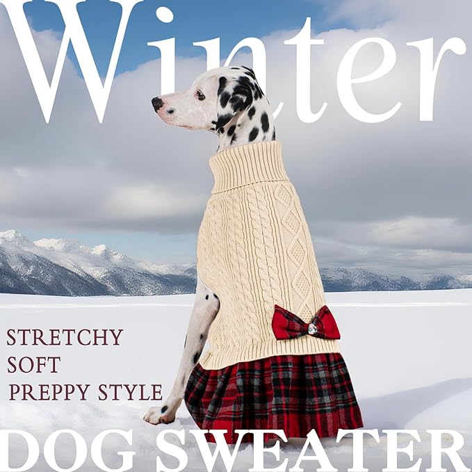 KYEESE Dog Sweater Warm Comfy Pet Coats Stretchy Knitwear Pullover Dog Sweaters for Large Dogs Thick Dogs Clothes Soft Turtleneck Pet Sweater Dress with Bowtie for Cold Weather Winter