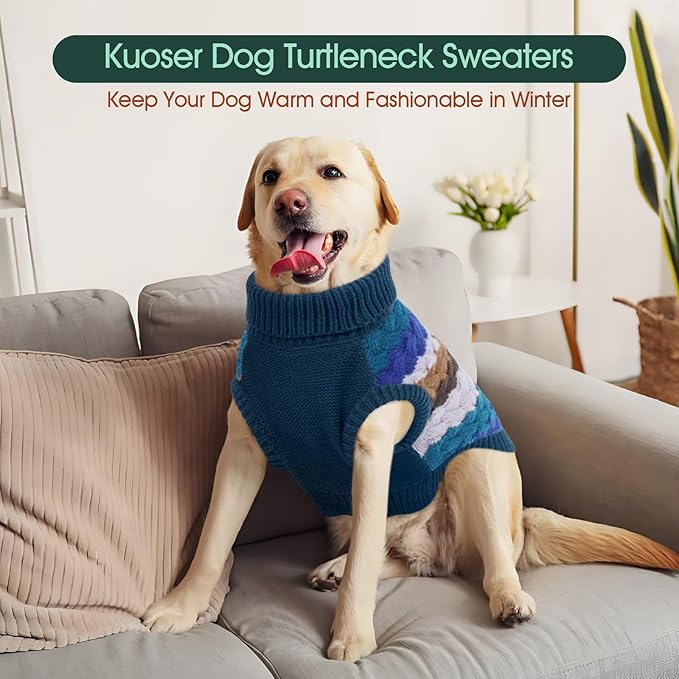 Kuoser Dog Sweater, Pet Cable Knitted Pullover Puppy Warm Clothes, Dog Turtleneck Classic Knitwear Soft Thickening Outfit, Cold Weather Xmas Thermal Wear for Large Size Dogs, Blue 3XL