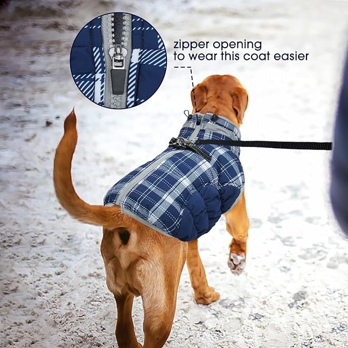 FUAMEY Dog Coat for Large Dogs,Waterproof Dog Winter Jacket with Harness Built in Puppy Cold Weather Coats Reflective Pet Vest with Zipper Warm Fleece Dogs Snowsuit Windproof Blue Plaid XL