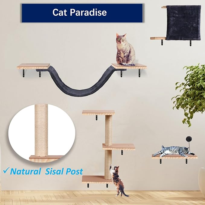 Cat Shelves for Wall, Solid Wood Cat Wall Furniture, with Cat's House, Bed, Hammock, Sisal Scratching Post Ladder (Dark Color)