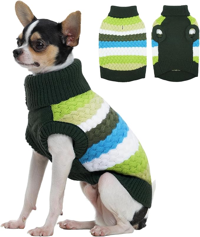 Kuoser Dog Sweater, XS Dog Sweater Pet Cable Knitted Pullover Warm Clothes, Puppy Turtleneck Classic Knitwear Soft Thickening Christmas Outfit, Cold Weather Thermal Wear for Small Dogs, Green XS