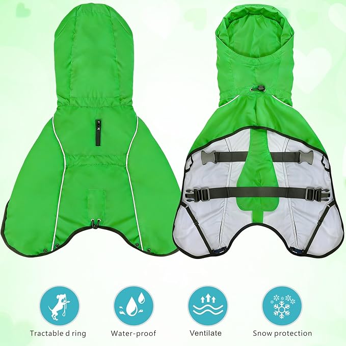 Mosucoirl Dog Raincoat Jacket Reflective Adjustable Hooded Pet Poncho Rain Coats with Leash Hole Waterproof Clothes for Small Medium Large Dogs (Green, M)