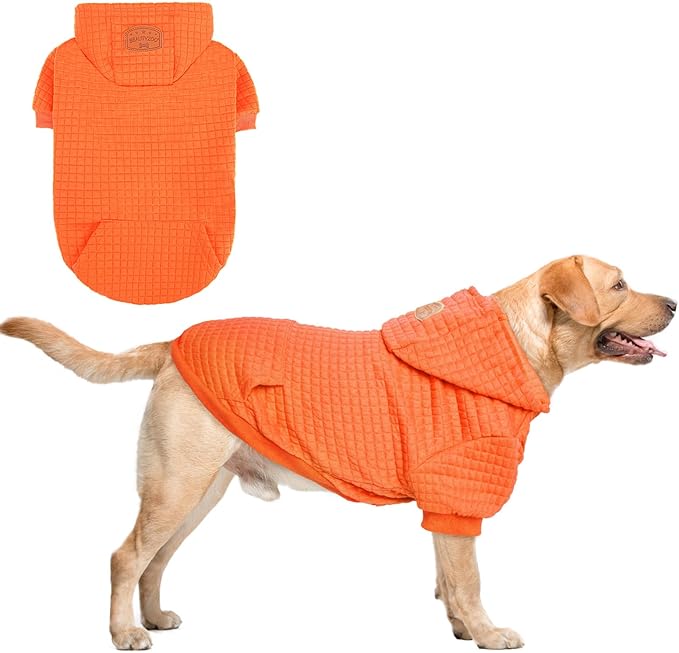 BEAUTYZOO Small Dog Hoodie Sweater with Pockets, Dog Clothes for Small Medium Dogs Boy Girl, Waffle-Like Laminated Cotton Pet Coats with Hat and Leash Hole, Orange L