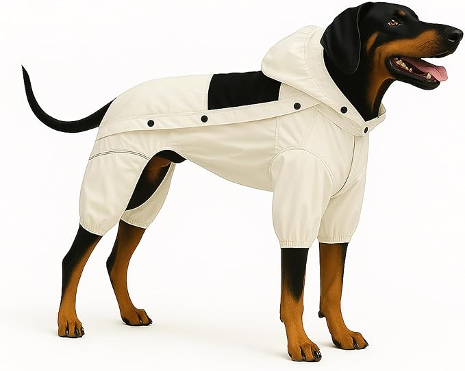 LOVELONGLONG Waterproof Dog Raincoat with Removable Hood – Outdoor Full Body Dog Jacket, Windproof Snowproof Shell Suit – All Season Pet Rain Gear Ivory M