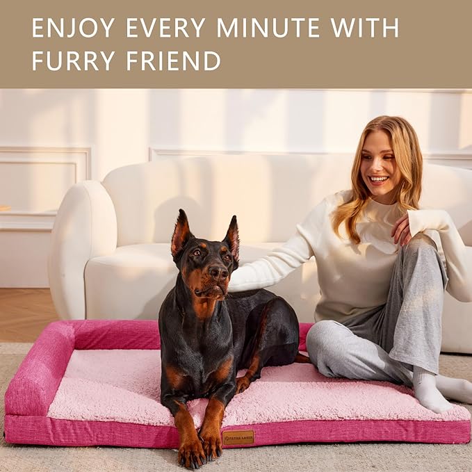 Patas Lague Orthopedic XL Dog Bed Large Sized Dog 42''X28'', Waterproof L Bolster Big Large Pet Sofa Beds with Removable Washable Cover, Soft Comfortable Pet Couch Crate Mat with Nonskid Bottom, Pink