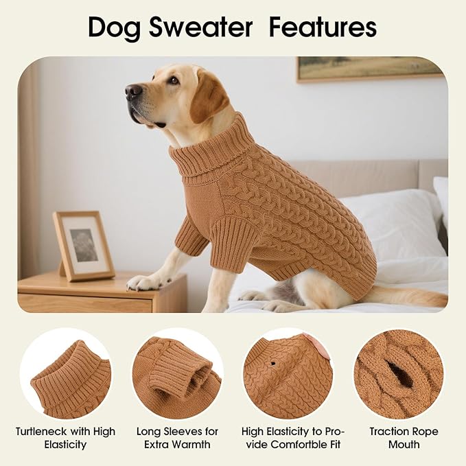SAWMONG Dog Sweater, Dog Sweaters for Small Dogs Girls Boys, Pullover Turtleneck Knitted Doggy Sweatshirt, Cold Weather Pet Clothes（Khaki, Small