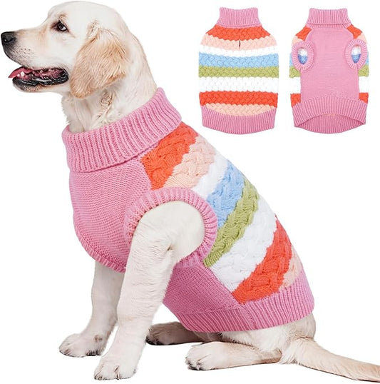 Kuoser Dog Sweater, Pet Cable Knitted Pullover Puppy Warm Clothes, Dog Turtleneck Classic Knitwear Soft Thickening Outfit, Cold Weather Xmas Thermal Wear for Large Size Dogs, Pink 3XL