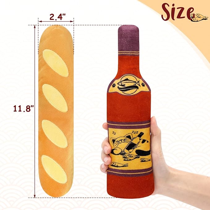 CiyvoLyeen Catnip Toy, Bread Wine Bottle Cat Kicker Toys Baguette Large Interactive Chew Teething for Kitten Indoor Filled Plush Catmint Stuff Gift for Cat Lover 2PCS