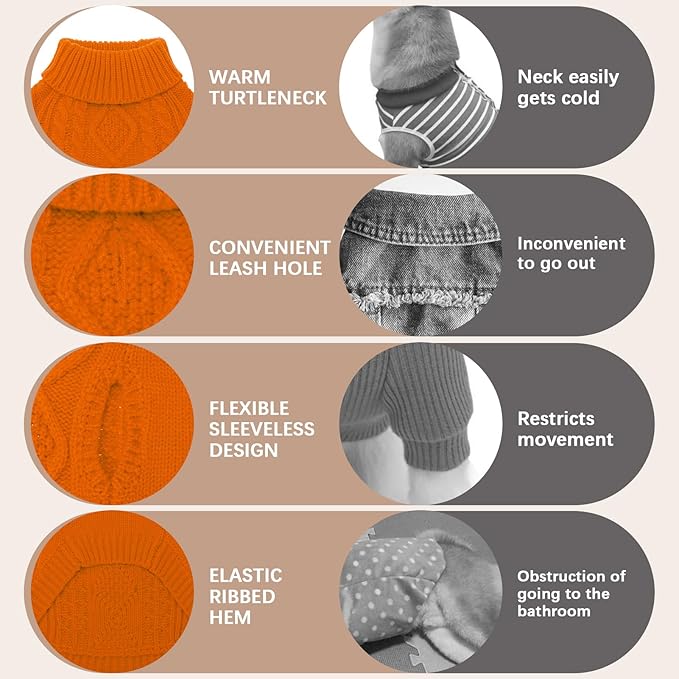 BINGPET Thermal Knitted Dog Sweater, Winter Dog Cat Coat, Warm Sweater for Small/Medium Dogs, Classic Cable Knit Turtleneck Pullover, Orange Acrylic