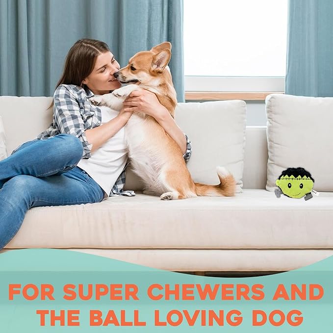 Flourish Pets 2 in 1 Halloween Multi-Layer Chew Toy for Active Dogs | Non-Toxic BPA Free Double Stitched Soft Fabric Exterior Dog Toys | Long-Lasting Dog Plush Toys– Frankenstein 3.5"