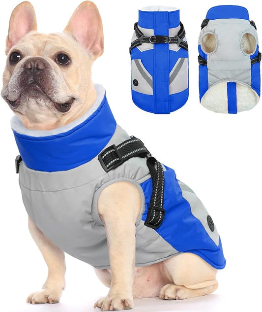 FUAMEY Dog Winter Jackets for Medium Dogs,Dog Coat with Harness Built in,Waterproof Dogs Snowsuits Warm Pet Jacket Zip Up Fleece Cold Weather Coats Reflective Puppy Vest with Pocket Blue M