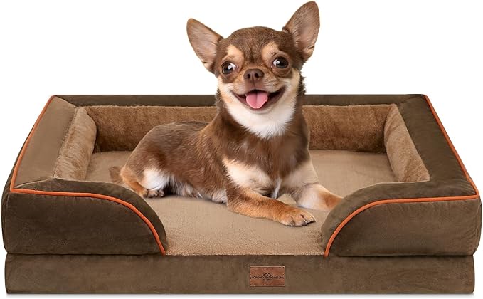 Comfort Expression Orthopedic Dog Bed for Small Dogs 24x16 Inch, Waterproof Supportive Egg Crate Foam Small Pet Bed with Removable Bolsters, Dog Couch with Washable Cover & Non-Slip Bottom, Brown