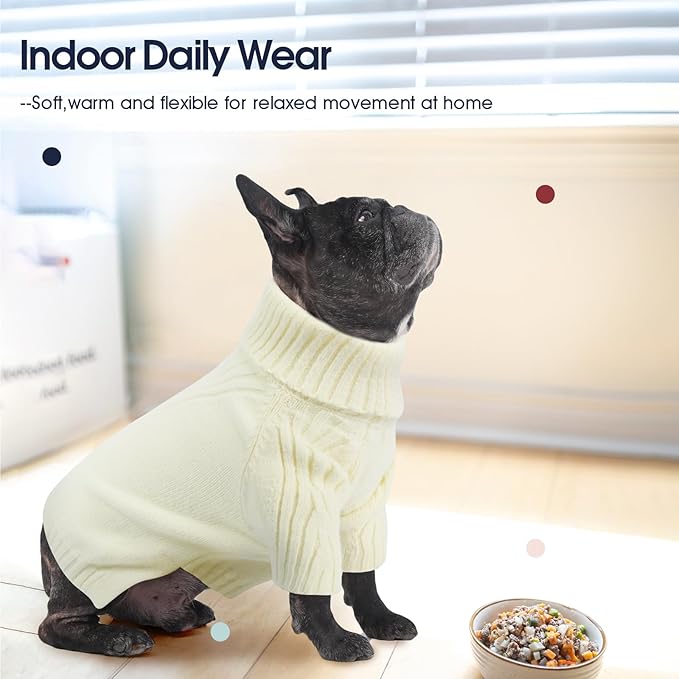 IECOii Dog Sweaters for Medium Dogs Girl Boy,Holiday Knit Doggy Sweatshirt with Sleeve,Turtleneck Thick Warm Dog Sweaters for Winter,Pullover Knitwear for French Bulldog,Boston Terrier (White, L)