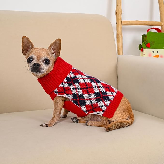 Dog Sweater for Small Dogs Plaid Checkered Knit Turtleneck Pullover Winter Clothes Boys Girls Stretch Puppy Doggie Chihuahua Yorkie Toy Poodle Pomeranian Christmas Pet XS