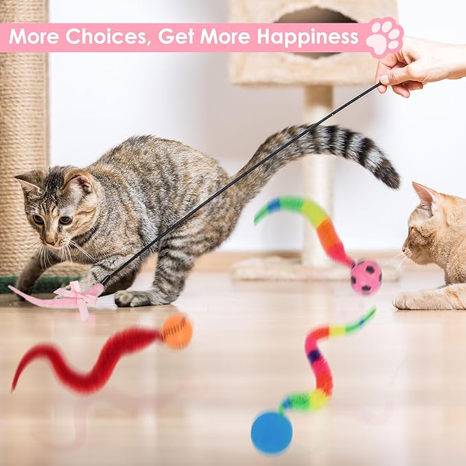 SHENGSEN Feather Wand Cat Toy,Bouncy Ball with Tail Cat Toys,Magic Worm with Large Colorful Ball Toy for Cats,Cat Feather Toys for Indoor Cats,Colorful Fuzzy Worm Bouncy Balls Cat Toy (ADM102-A-3B)