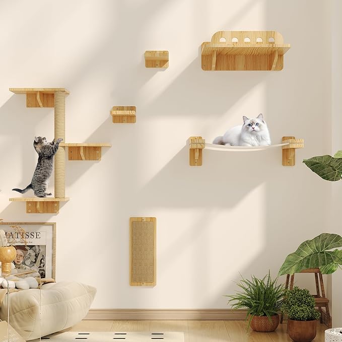 MeowHomm Cat Wall Shelves, Set of 6 Wooden Cat Wall Furniture Includes Scratching Post with 3 Steps, Jumping Platform, Hammock and Scratcher Board for Kittens