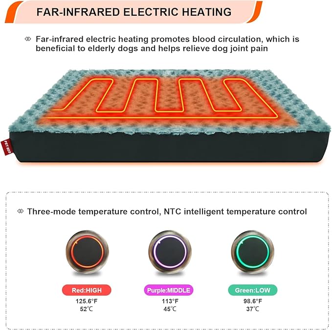 HEATFOX Upgraded Heated Dog Bed, 12V 24W Safe Voltage Arthritis Orthopedic Dog Bed with Memory Foam, Heated Pet Bed with Waterproof Cover for Medium, Large (M)