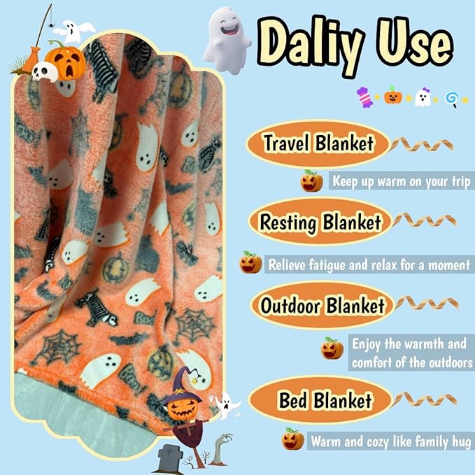 Cute Halloween Blanket for Kids/Teens/Women/Men, Glow in The Dark Throw Blankets Soft Plush Fleece, Spooky Blanket for Boy/Girls/Toddler, Day Care Home Travel Use, 60"*50", Orange